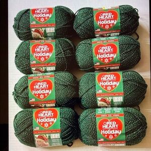 Lot of 8 New Skeins of Red Heart Holiday Yarn Green with Gold Metallic